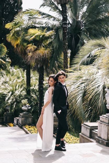 Photo happy lovers the bride and groom in wedding outfits walk among plants and palm trees in the old park