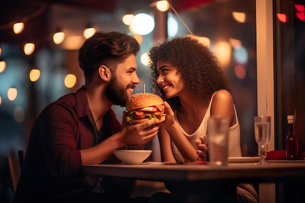 happy loving couple enjoying fast food dinner outdoor generative ai