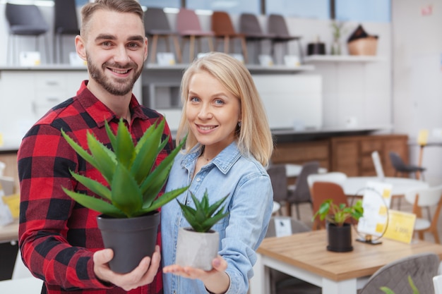 幸せな愛情のあるカップルを抱いて、鉢植えのアロエ植物を保持しているカメラに笑顔