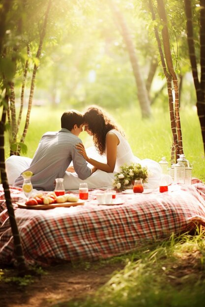 Photo happy loving couple kissing and having date outdoors young couple on summer picnic with watermelon