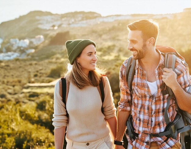 Foto una coppia felice e innamorata che cammina, uomo e donna, in campagna, in montagna, in una giornata di sole.