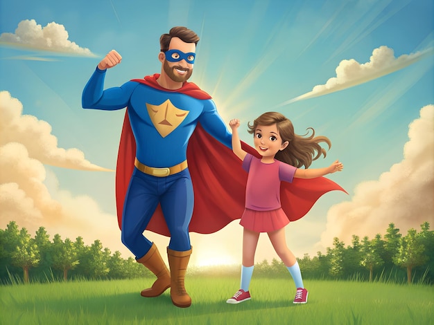Счастливая любящая семья Папа и девочка в костюмах супергероев Концепция дня отца