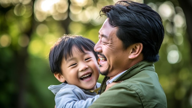 幸せな愛情のある家族の父と息子の子供が屋外で遊んだり抱き合ったりする