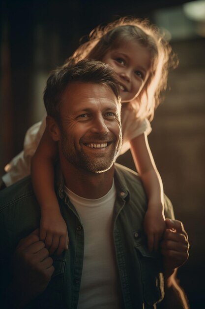 Foto felice padre di famiglia amorevole e suo figlio bambino che gioca e si abbraccia all'aperto