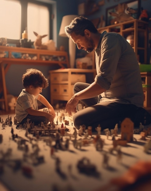 幸せな愛する家族の父と息子の子供が屋外で遊んで抱きしめ合っています