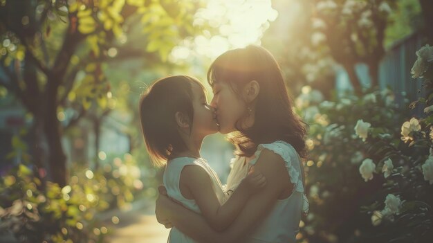 写真 幸せな愛する家族 母と娘がキスをし合って 抱きしめ合って遊んでいます