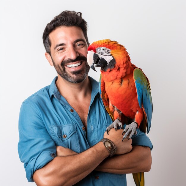 Photo happy macaw awner smilling and holding jis macaw in arms isolated on white