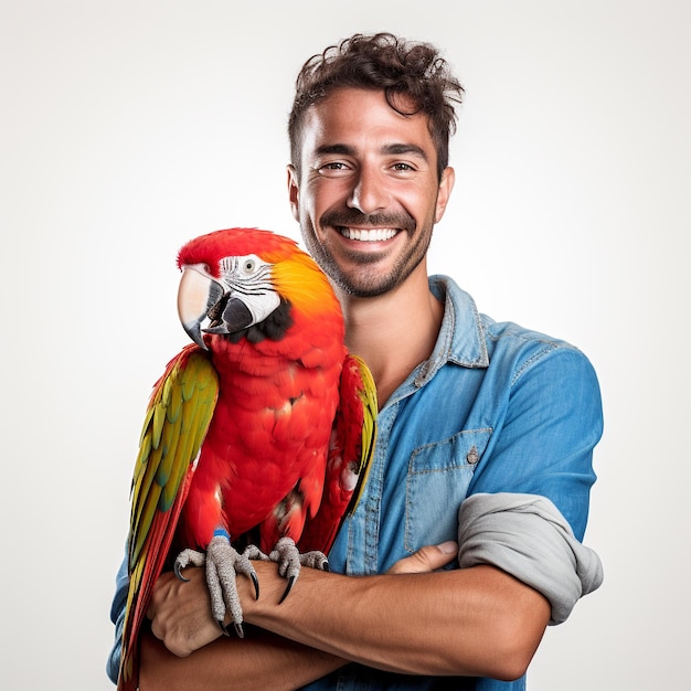 Photo happy macaw awner smilling and holding jis macaw in arms isolated on white