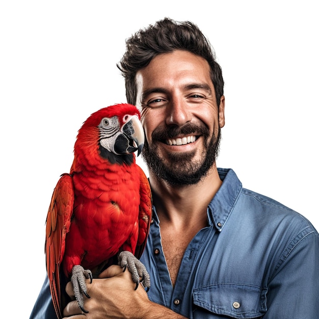 Photo happy macaw awner smilling and holding jis macaw in arms isolated on white