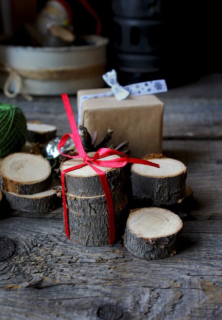 Happy magic holiday with christmas new year wood rustic gift