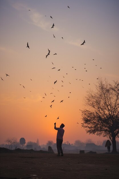 Happy Makar Sankranti morning rituals capturing the silhouettes of people flying kites at dawn