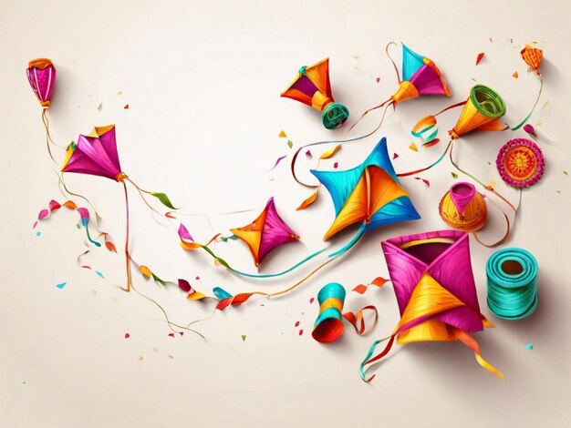 Happy Makar Sankranti With Realistic Flying Colorful Kites And String Spools On White Background