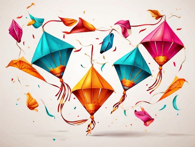 Photo happy makar sankranti with realistic flying colorful kites and string spools on white background