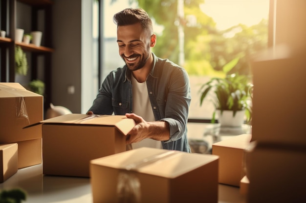 白い部屋で荷物を梱包する幸せな男性事業主