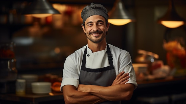 A happy male chef with arms cross