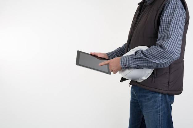 Happy Male Construction Worker Holding Digital Tablet