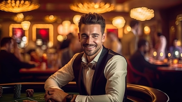 a happy male croupier at the casino at the table in Casino Gambling Poker