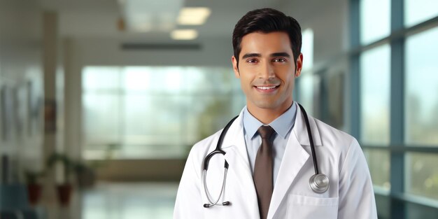 happy male doctor with stethoscope and blurry hospital background