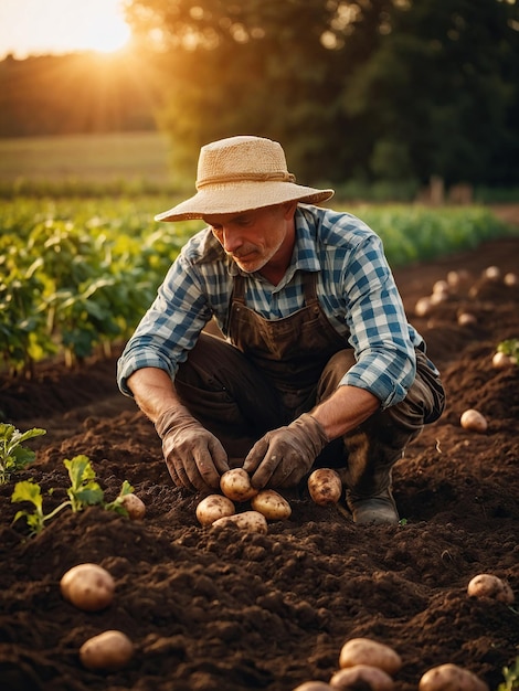 農場の床に肥沃な土で育つ新鮮な美しいジャガイモを握っている幸せな男性農夫