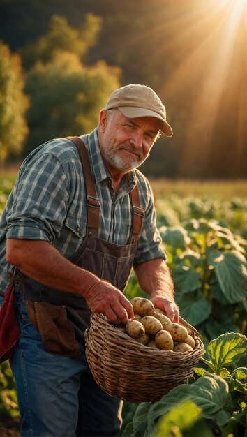 農場の床に肥沃な土で育つ新鮮な美しいジャガイモを握っている幸せな男性農夫