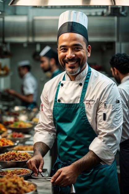 happy male and female Chef looking at camera