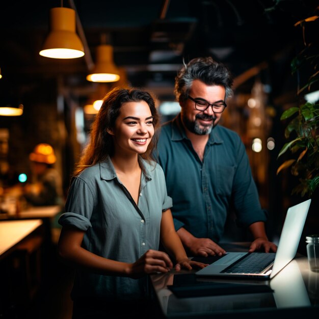 A happy male and female laboring in a manufacturing facility