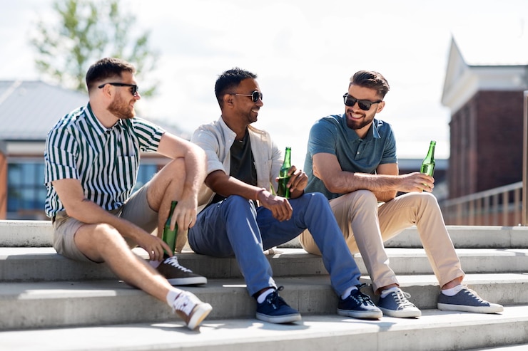 Photo happy male friends drinking beer on street