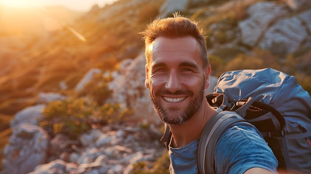 夕暮れの山道でセルフィーを撮る幸せな男性ハイカー 暖かい光が彼の顔を照らし 冒険と旅行のライフスタイルを示しています