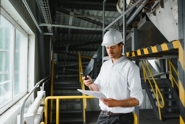 Tecnico industriale maschio felice all'interno di una fabbrica