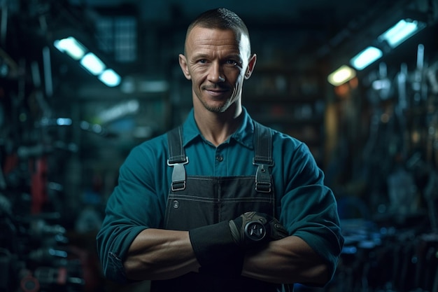 Happy male mechanic standing with wrench showing his arms crossed with Generative AI