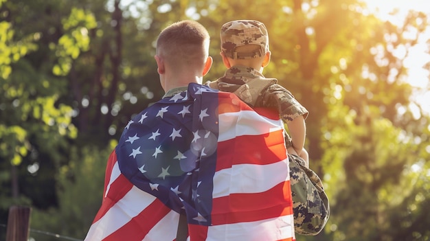 행복한 남성 군인 아빠가 아들과 재회한 후 미국 군대 생성 AI
