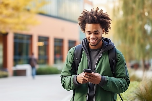 キャンパスエリアに立ってスマートフォンを持っておしゃべりする幸せな男子学生