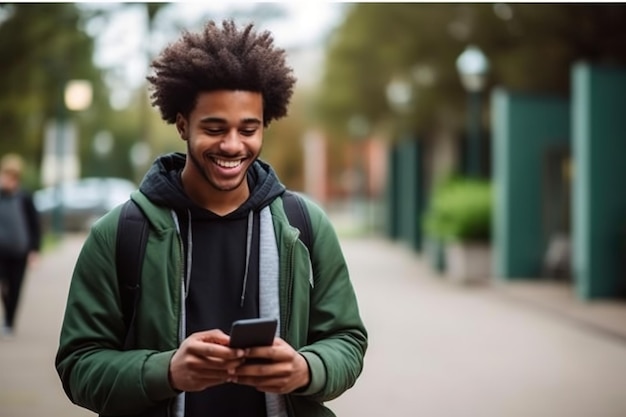 キャンパスエリアに立ってスマートフォンを持っておしゃべりする幸せな男子学生