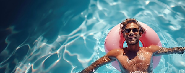 happy male in sunglasses swimming in pool on a pink swimming circle Aerial top view above drone
