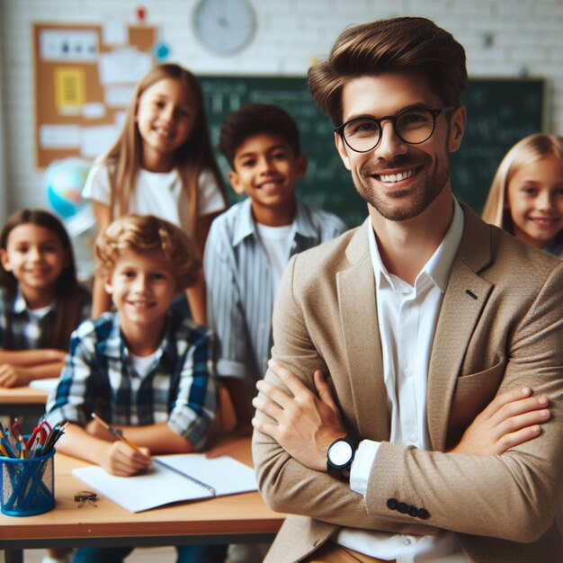 Happy Male Teacher Professor with his students in School room smiling photoshoot Mens Day