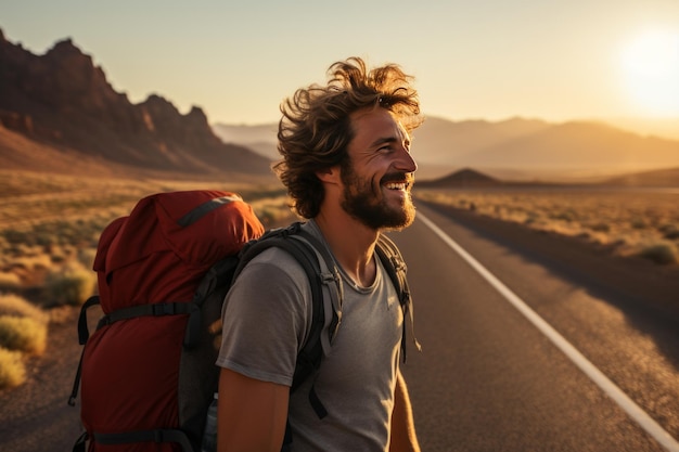 Happy male traveler with backpack enjoying the scenic view while standing on the road