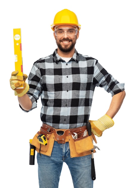 happy male worker or builder in helmet with level