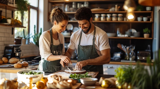 写真 幸せな男性と女性がキッチンで一緒に料理しています