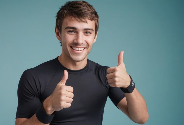 A happy man in a black tshirt gives a thumbs up his cheerful demeanor and casual look suggest