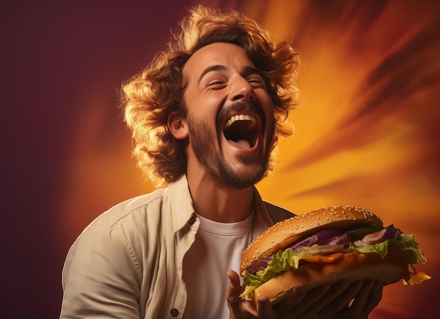 Foto un uomo felice porta un grande hamburger