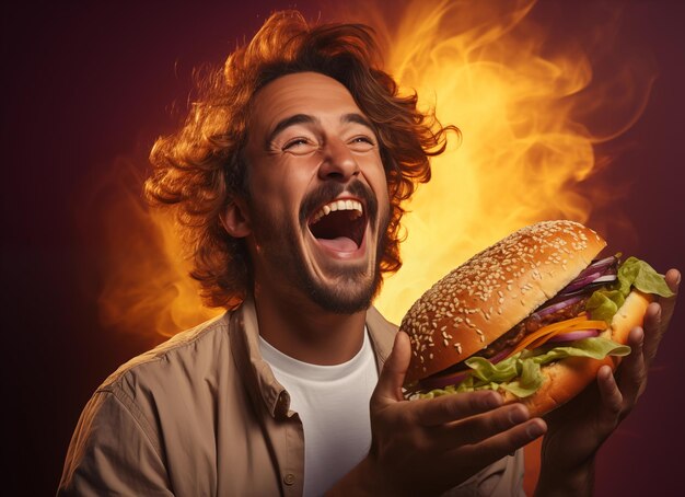 Foto un uomo felice porta un grande hamburger