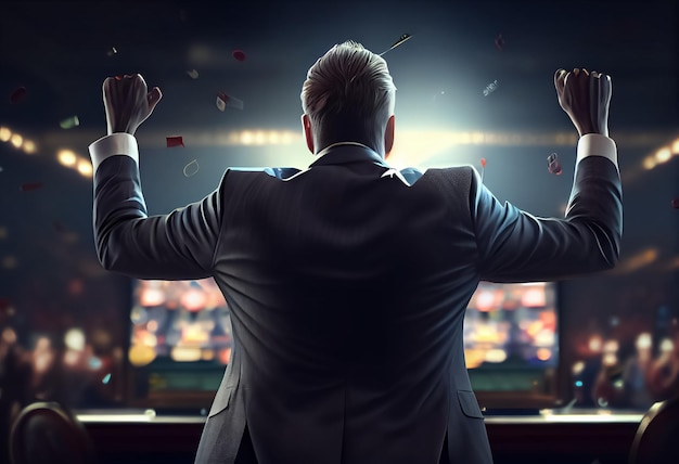 Happy man celebrating victory after winning casino jackpot