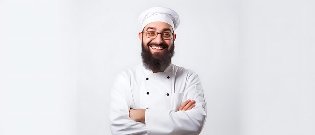 Photo happy man chef wearing uniform and cap backgroung with copy space for text