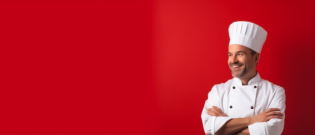 Happy man chef wearing uniform and cap backgroung with copy space for text