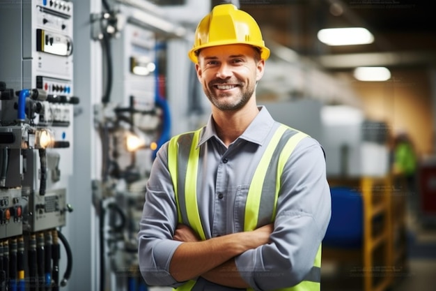 Happy man in control room electrical substation inspection