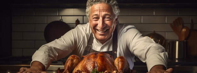 Foto un uomo felice cucina un tacchino nella sua cucina in onore di una festa del ringraziamento