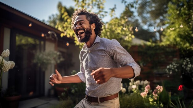 Photo happy man dancing at an outdoor party in the courtyard