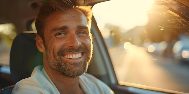 A happy man driving a car with a smile on his face Concept Outdoor Photoshoot Joyful Portraits Playful Poses