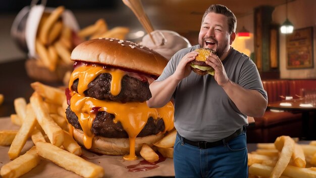 ハッピーマンがハンバーガーを食べている