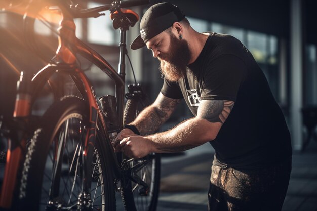 Photo happy man fixing bicycle on a bicycle rack with generative ai